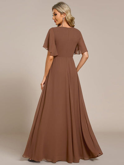 Elegant Chiffon Applique Wedding Guest Dress with Flutter Sleeves #color_Brown