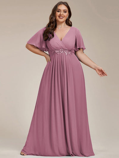 Plus Size Applique Short Sleeve A-Line Chiffon Evening Dress #color_Purple Orchid