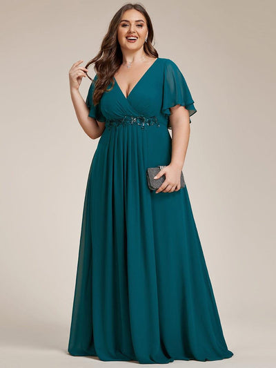 Plus Size Applique Short Sleeve A-Line Chiffon Evening Dress #color_Teal