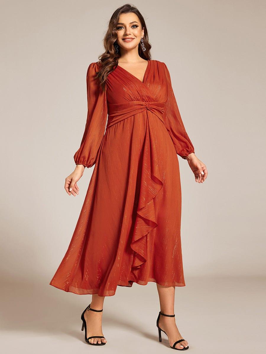 Plus Size Long Sleeve V-Neck Chiffon Twist Knot A-Line Evening Dress #color_Burnt Orange