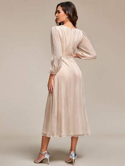 Shimmering Long Sleeve V-Neck Chiffon Twist Knot A-Line Evening Dress #color_Champagne