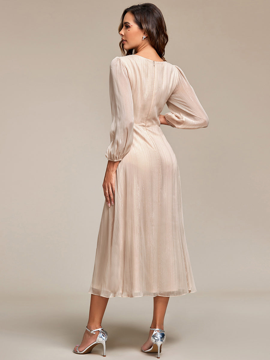 Shimmering Long Sleeve V-Neck Chiffon Twist Knot A-Line Evening Dress #color_Champagne