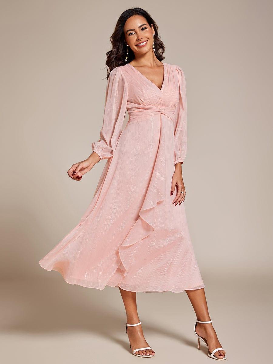 Shimmering Long Sleeve V-Neck Chiffon Twist Knot A-Line Evening Dress #color_Pink