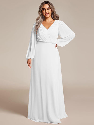 Plus Size Pleated Double V-Neck Long Sleeves Shiny Belt Chiffon Evening Dress #color_White