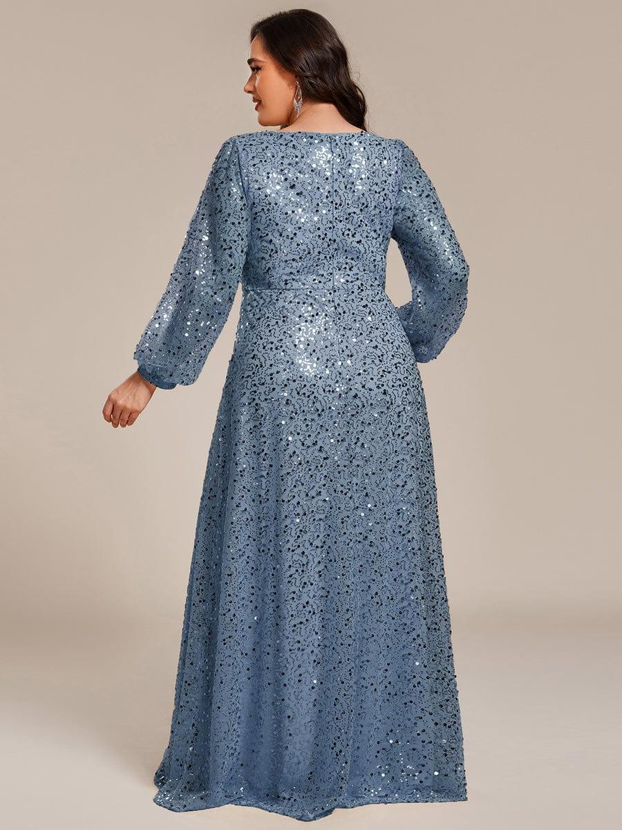 V-Neck Lantern Long Sleeve Sequin A-Line Evening Dress #color_Dusty Blue