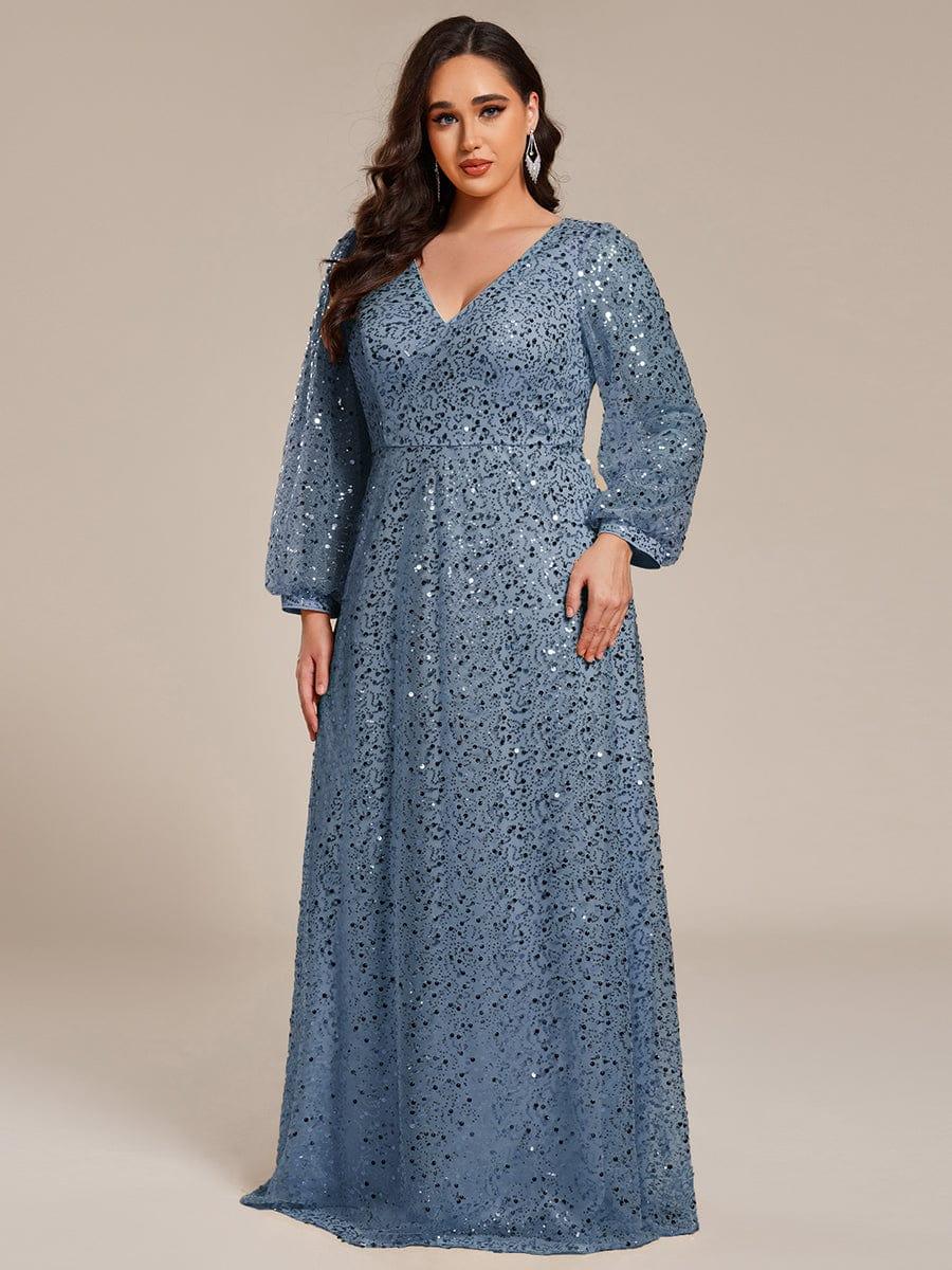 V-Neck Lantern Long Sleeve Sequin A-Line Evening Dress #color_Dusty Blue