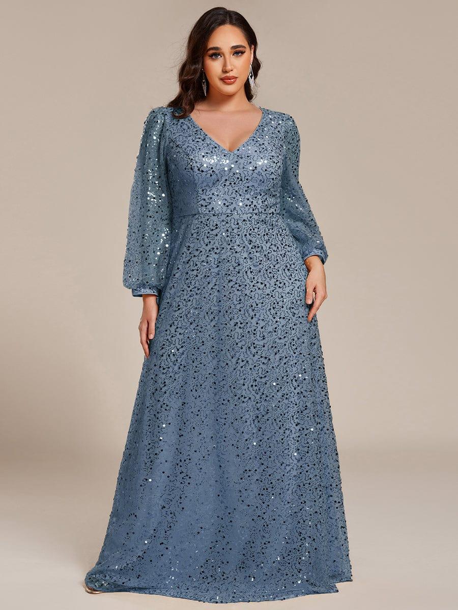 V-Neck Lantern Long Sleeve Sequin A-Line Evening Dress #color_Dusty Blue