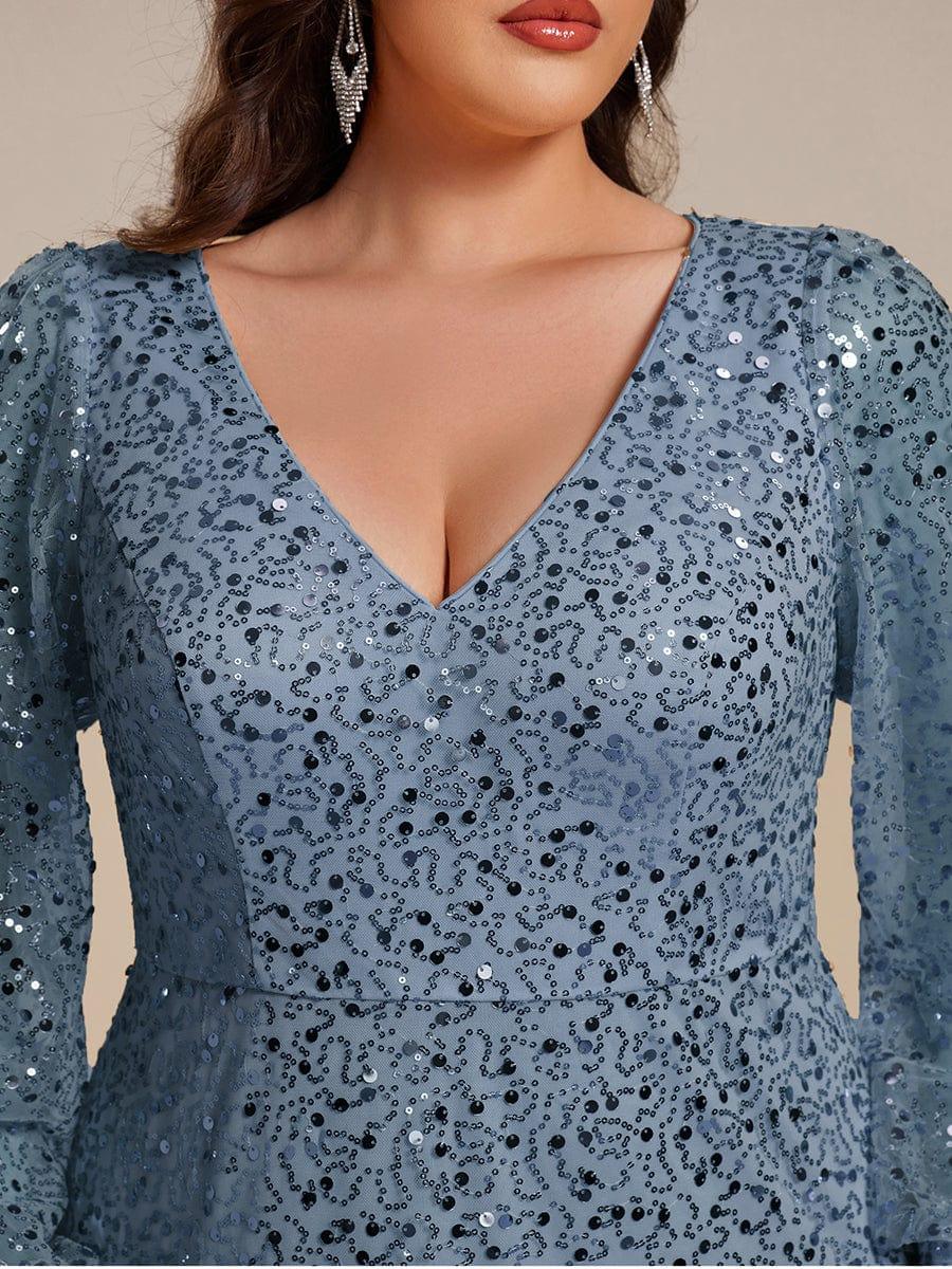 V-Neck Lantern Long Sleeve Sequin A-Line Evening Dress #color_Dusty Blue