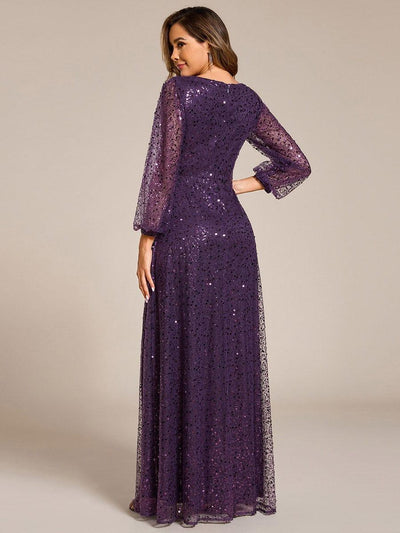 V-Neck Lantern Long Sleeve Sequin A-Line Evening Dress #color_Dark Purple