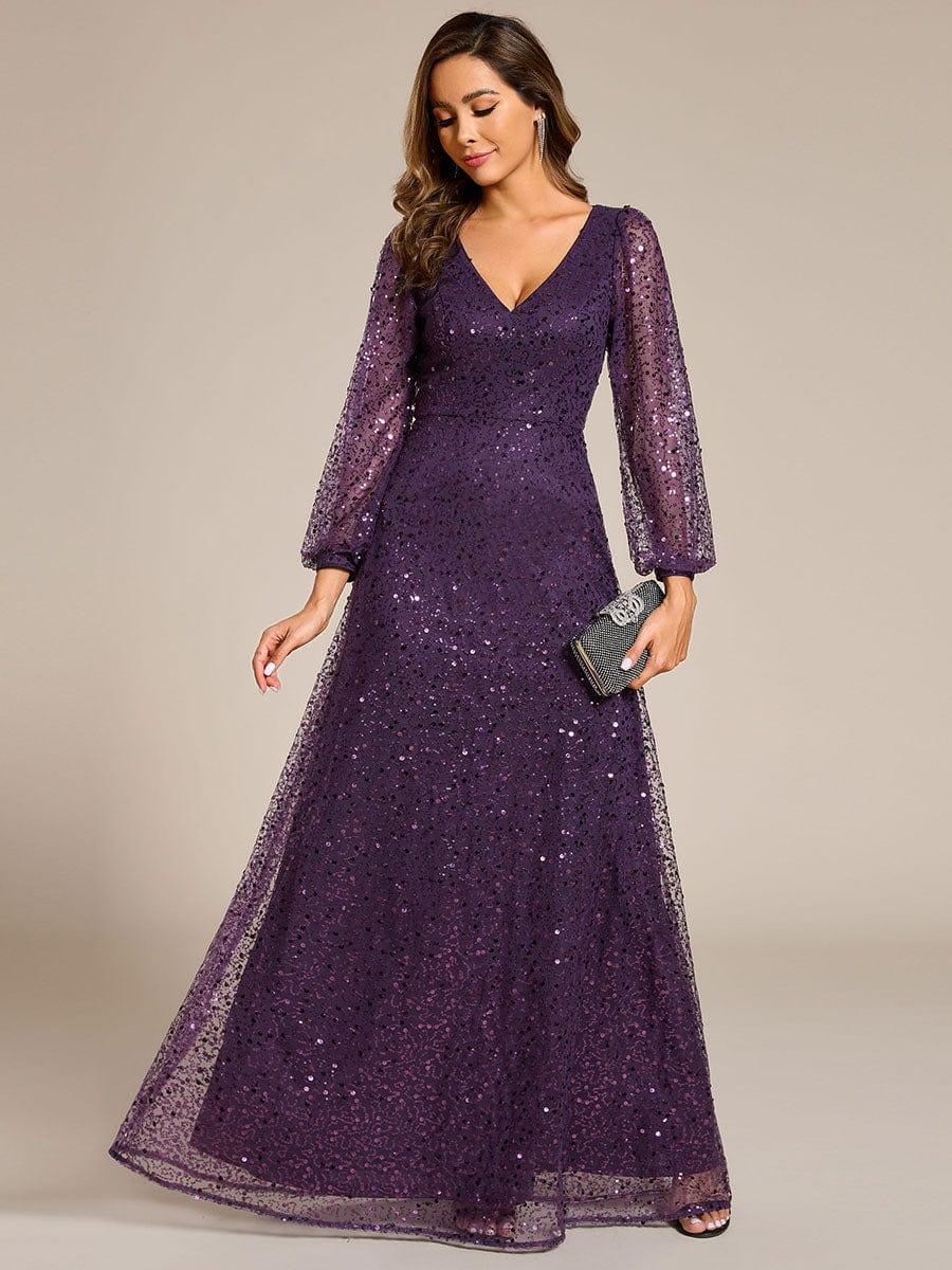 V-Neck Lantern Long Sleeve Sequin A-Line Evening Dress #color_Dark Purple