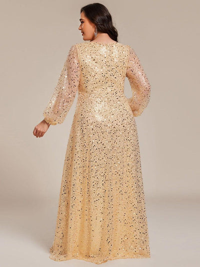 Plus Size V-Neck Lantern Long Sleeve Sequin A-Line Evening Dress #color_Gold