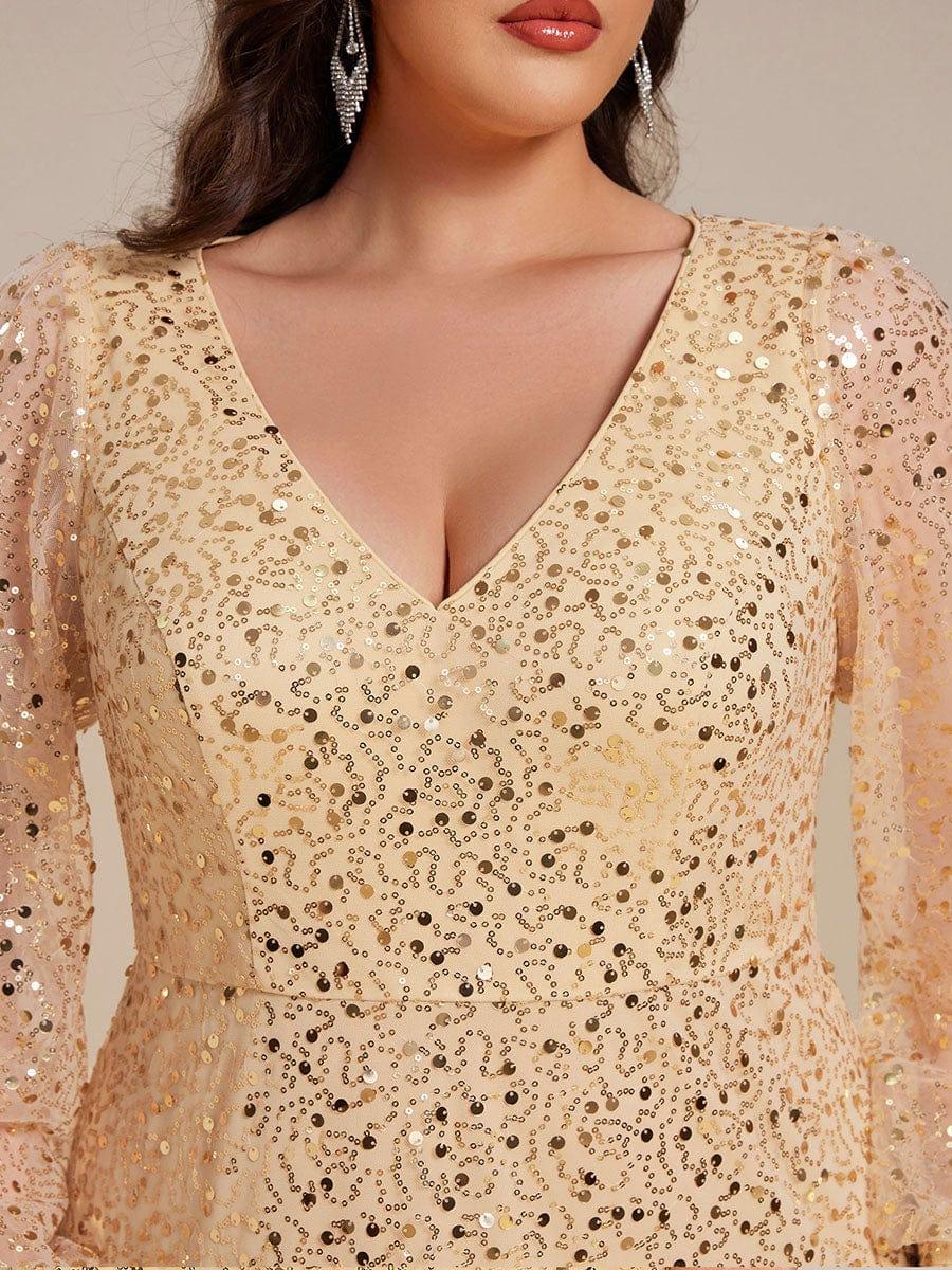 V-Neck Lantern Long Sleeve Sequin A-Line Evening Dress #color_Gold