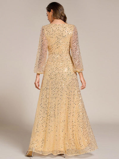 V-Neck Lantern Long Sleeve Sequin A-Line Evening Dress #color_Gold