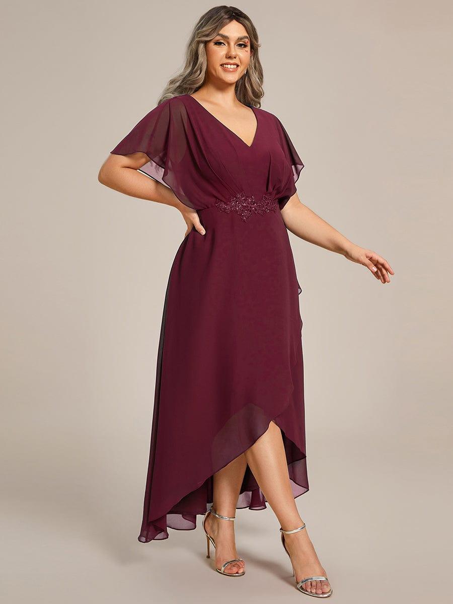 Plus Size Waist Applique A-Line Chiffon V-Neck Evening Dress #color_Burgundy