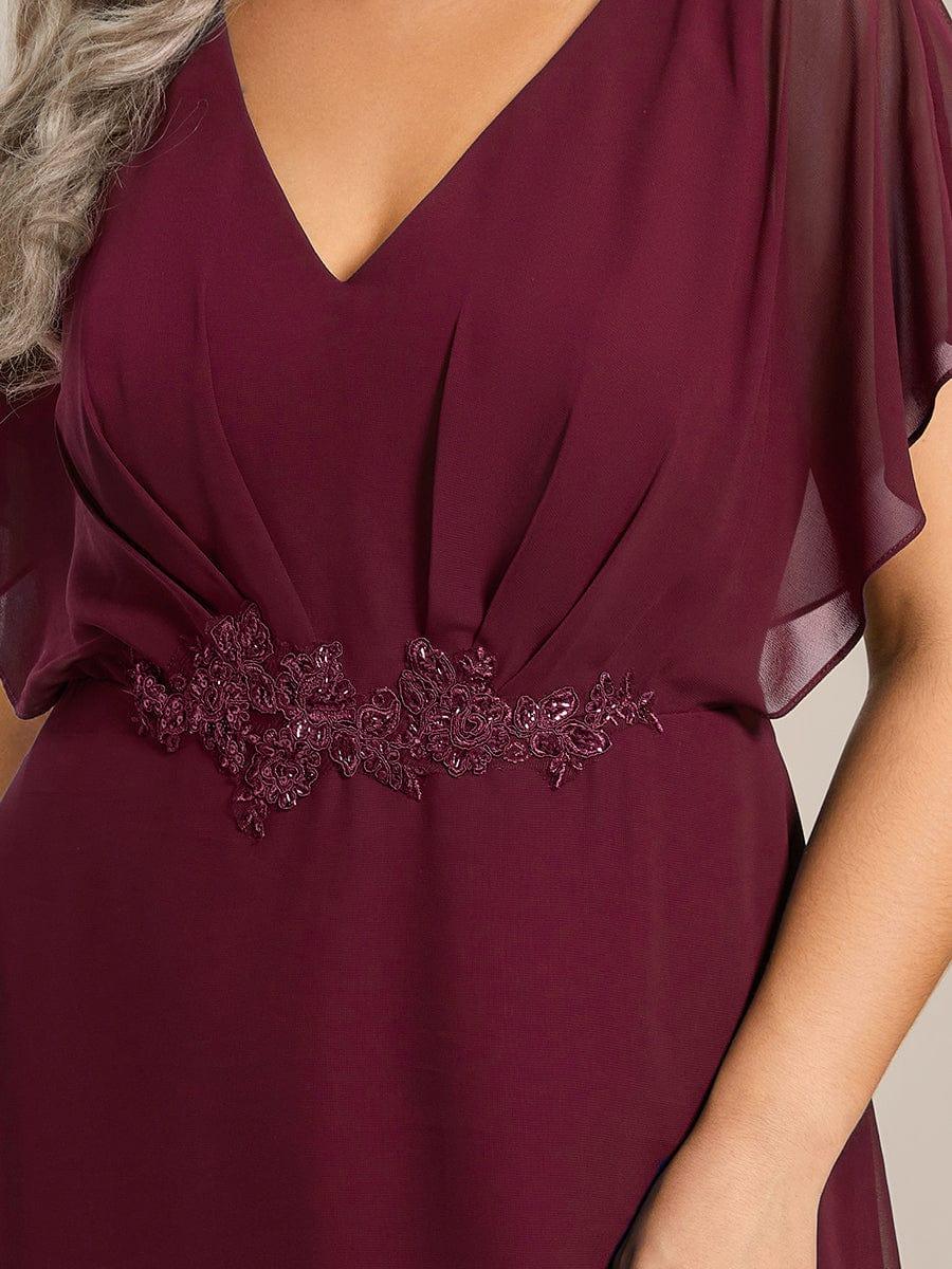 Waist Applique A-Line Chiffon V-Neck Wedding Guest Dress #color_Burgundy