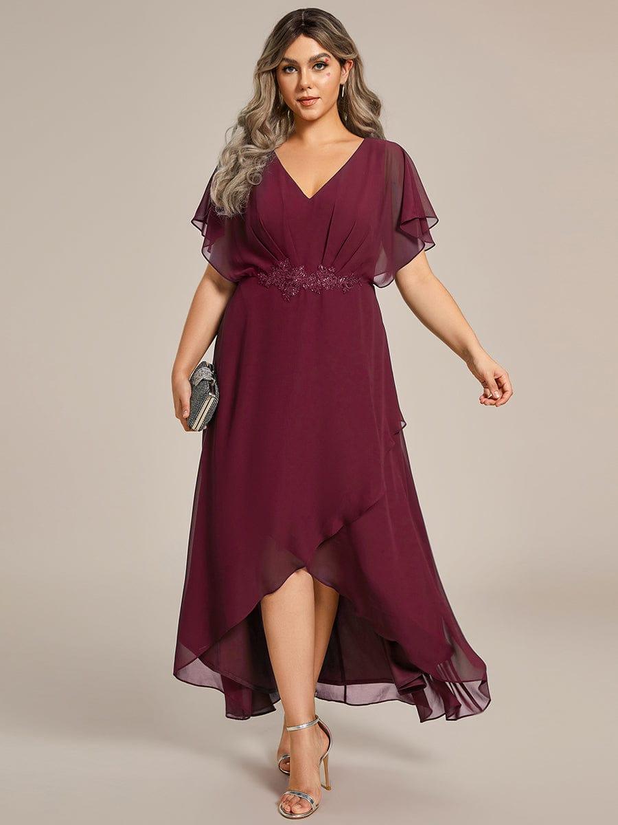 Waist Applique A-Line Chiffon V-Neck Wedding Guest Dress #color_Burgundy