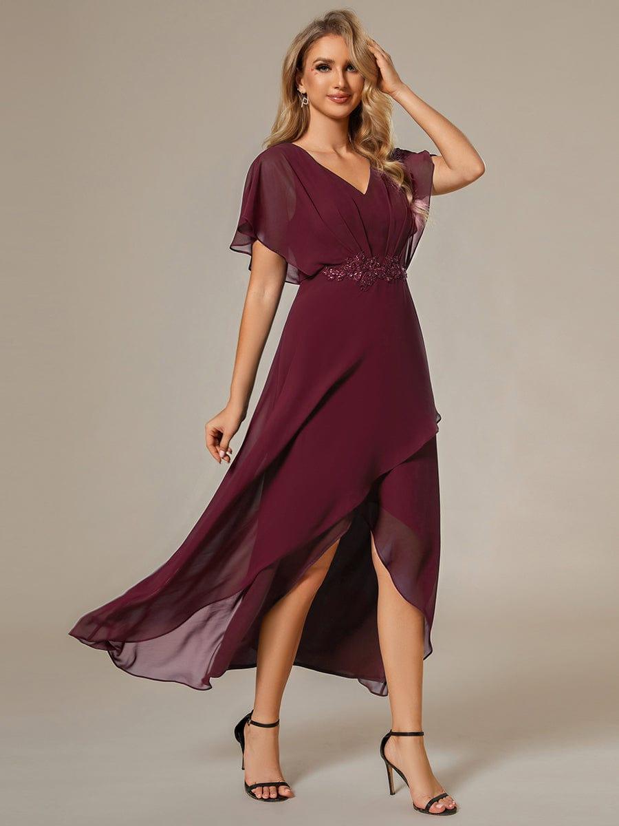 Waist Applique A-Line Chiffon V-Neck Wedding Guest Dress #color_Burgundy
