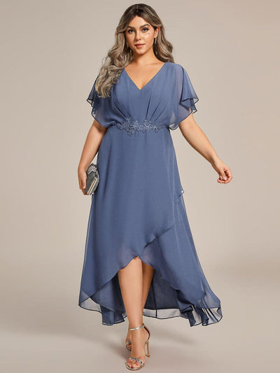 Plus Size Waist Applique A-Line Chiffon V-Neck Evening Dress #color_Dusty Blue
