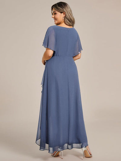 Plus Size Waist Applique A-Line Chiffon V-Neck Evening Dress #color_Dusty Blue