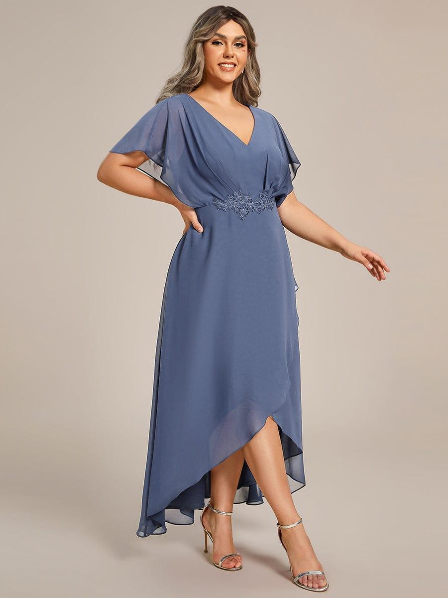Plus Size Waist Applique A-Line Chiffon V-Neck Evening Dress #color_Dusty Blue