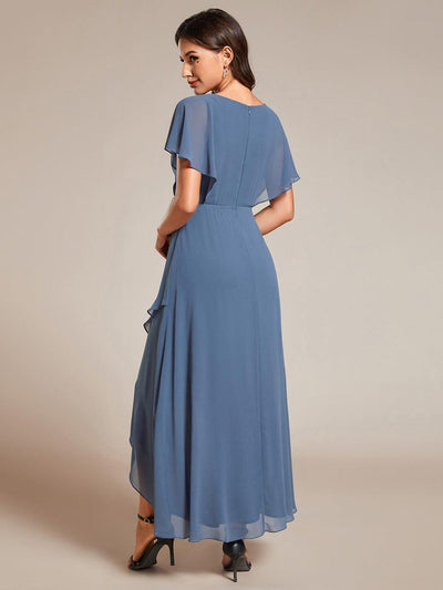 Waist Applique A-Line Chiffon V-Neck Wedding Guest Dress #color_Dusty Blue