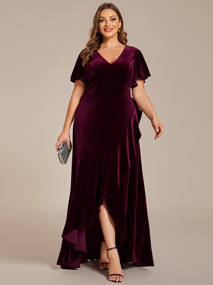 Elegant Double V-Neck Short Sleeves Velvet Bridesmaid Dress #color_Burgundy