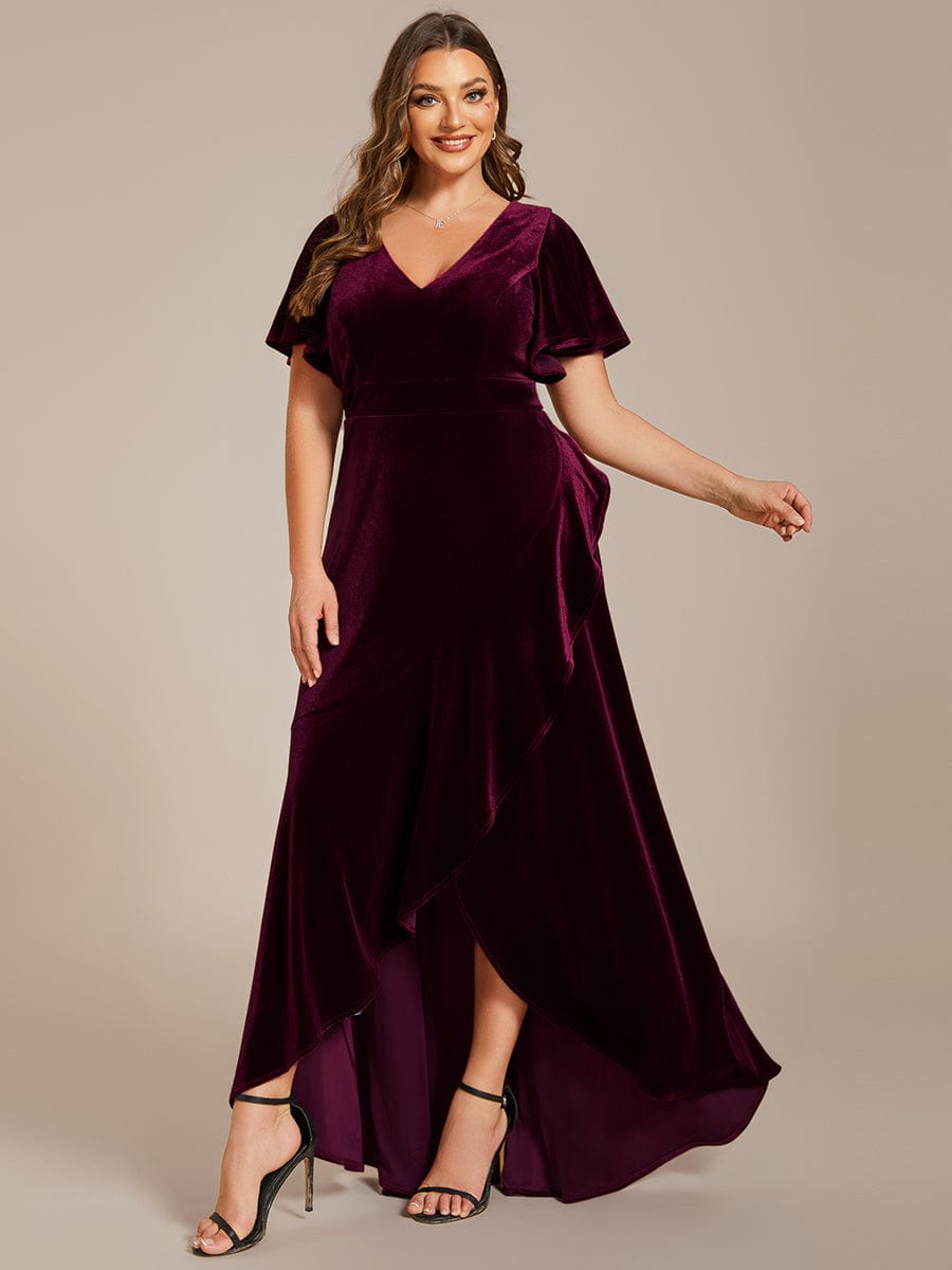 Elegant Double V-Neck Short Sleeves Velvet Evening Dress #color_Burgundy