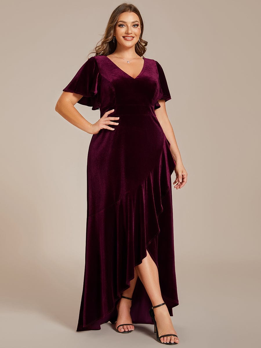 Elegant Double V-Neck Short Sleeves Velvet Evening Dress #color_Burgundy