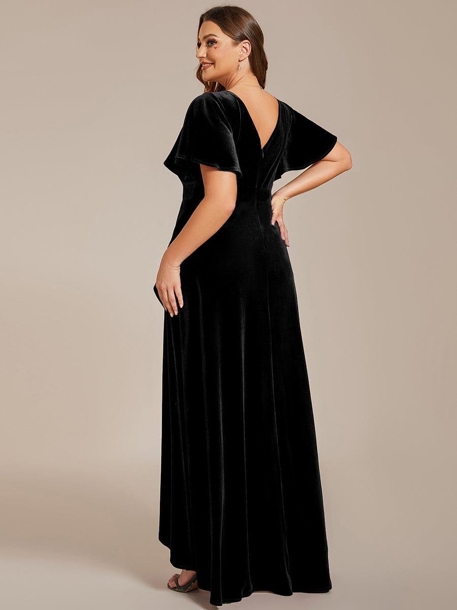 Elegant Double V-Neck Short Sleeves Velvet Bridesmaid Dress #color_Black