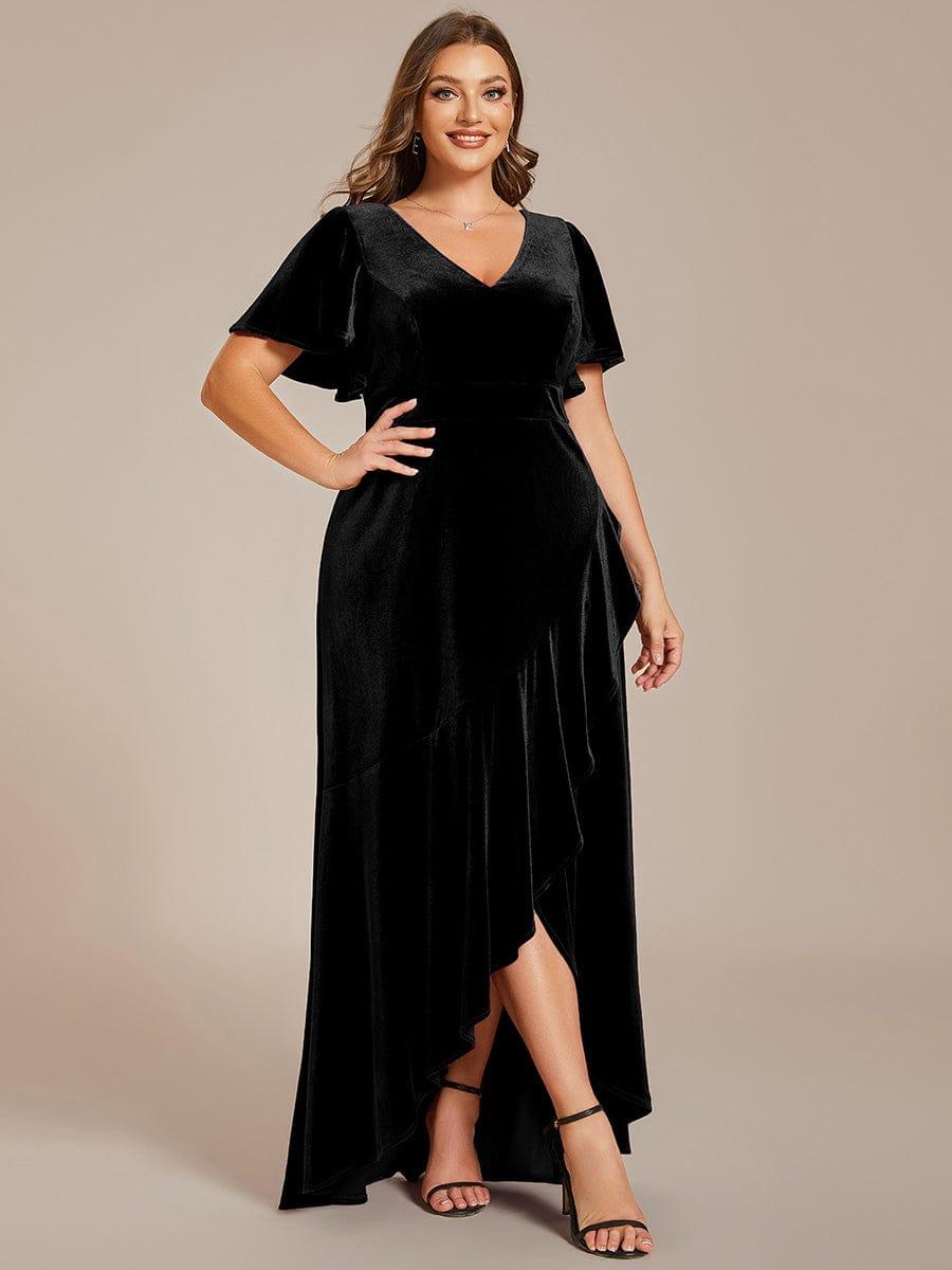 Elegant Double V-Neck Short Sleeves Velvet Evening Dress #color_Black