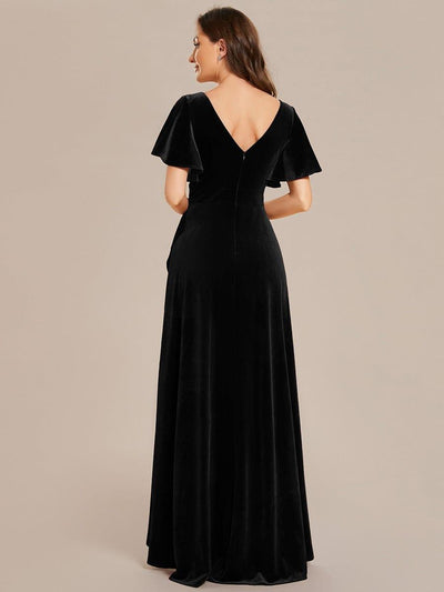 Elegant Double V-Neck Short Sleeves Velvet Bridesmaid Dress #color_Black
