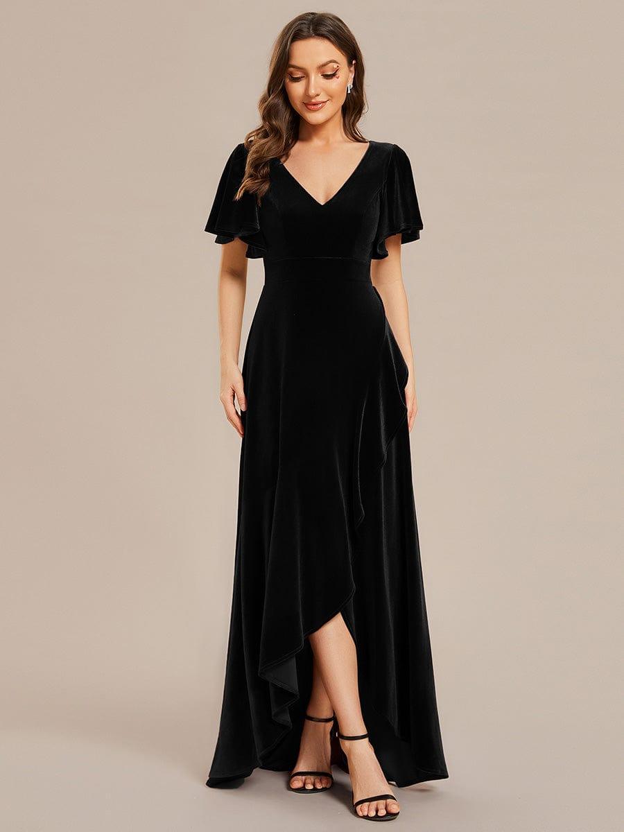 Elegant Double V-Neck Short Sleeves Velvet Bridesmaid Dress #color_Black