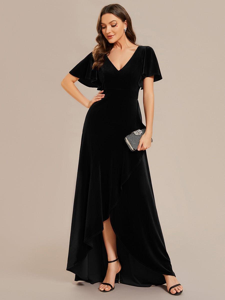 Elegant Double V-Neck Short Sleeves Velvet Bridesmaid Dress #color_Black