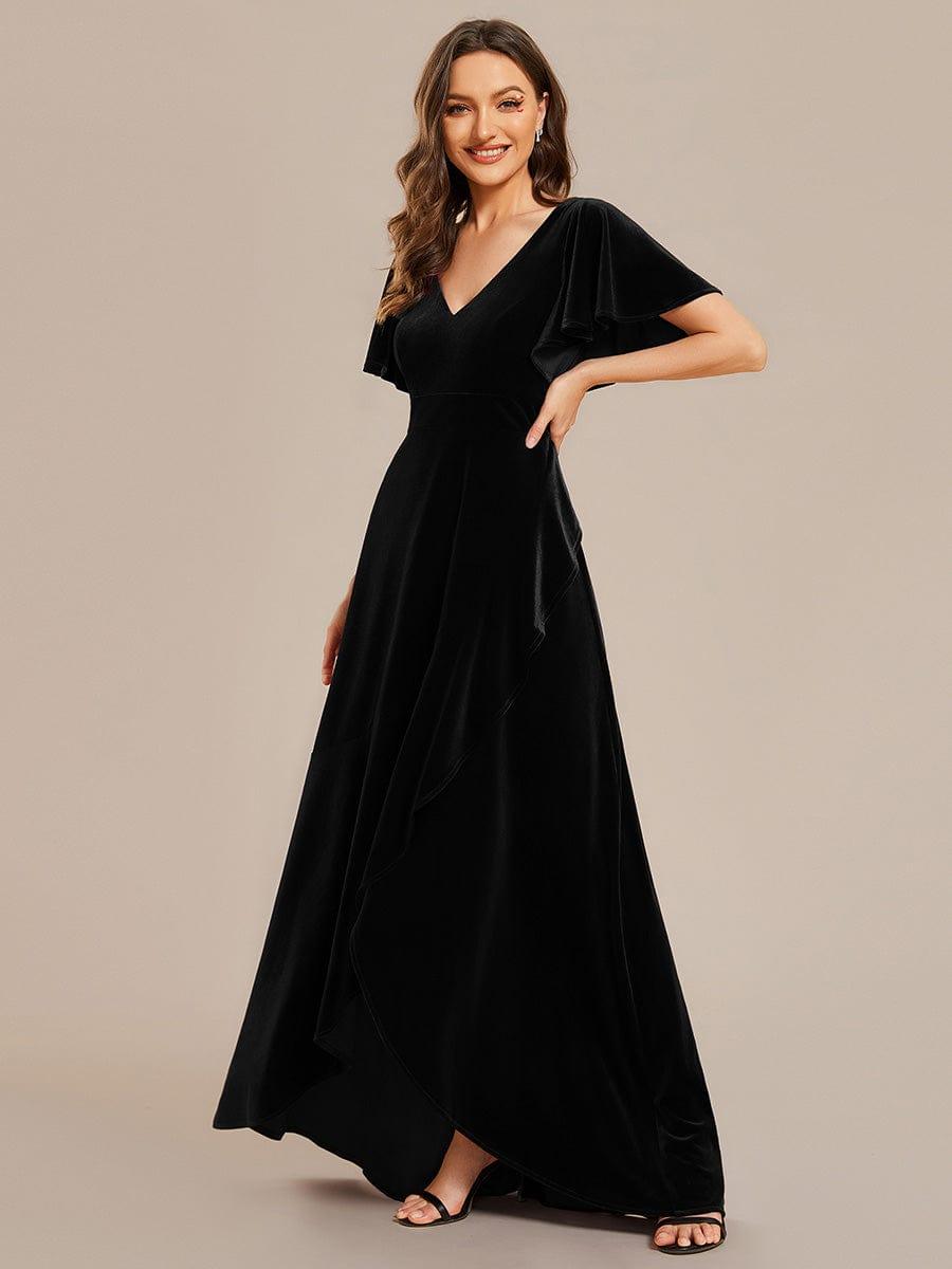 Elegant Double V-Neck Short Sleeves Velvet Bridesmaid Dress #color_Black