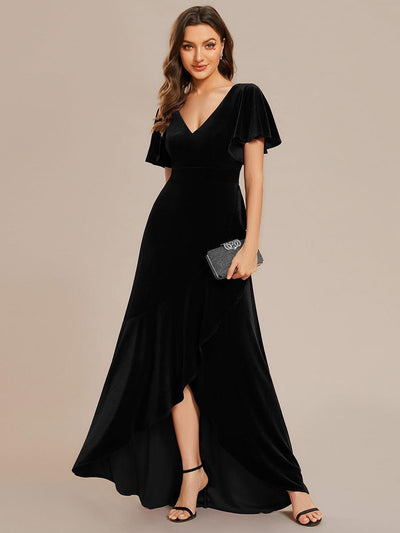 Elegant Double V-Neck Short Sleeves Velvet Wedding Guest Dress #color_Black