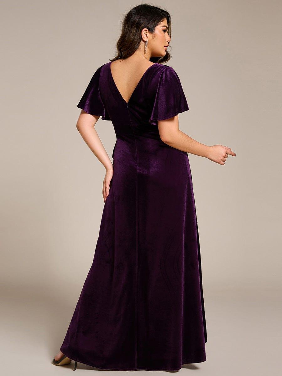 Elegant Double V-Neck Short Sleeves Velvet Bridesmaid Dress #color_Dark Purple