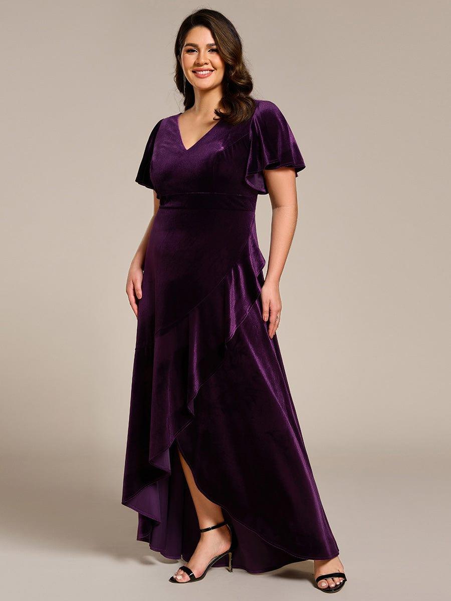 Elegant Double V-Neck Short Sleeves Velvet Bridesmaid Dress #color_Dark Purple