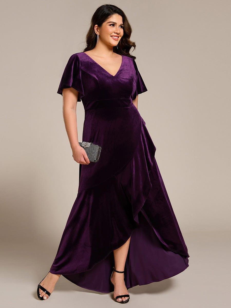 Elegant Double V-Neck Short Sleeves Velvet Bridesmaid Dress #color_Dark Purple
