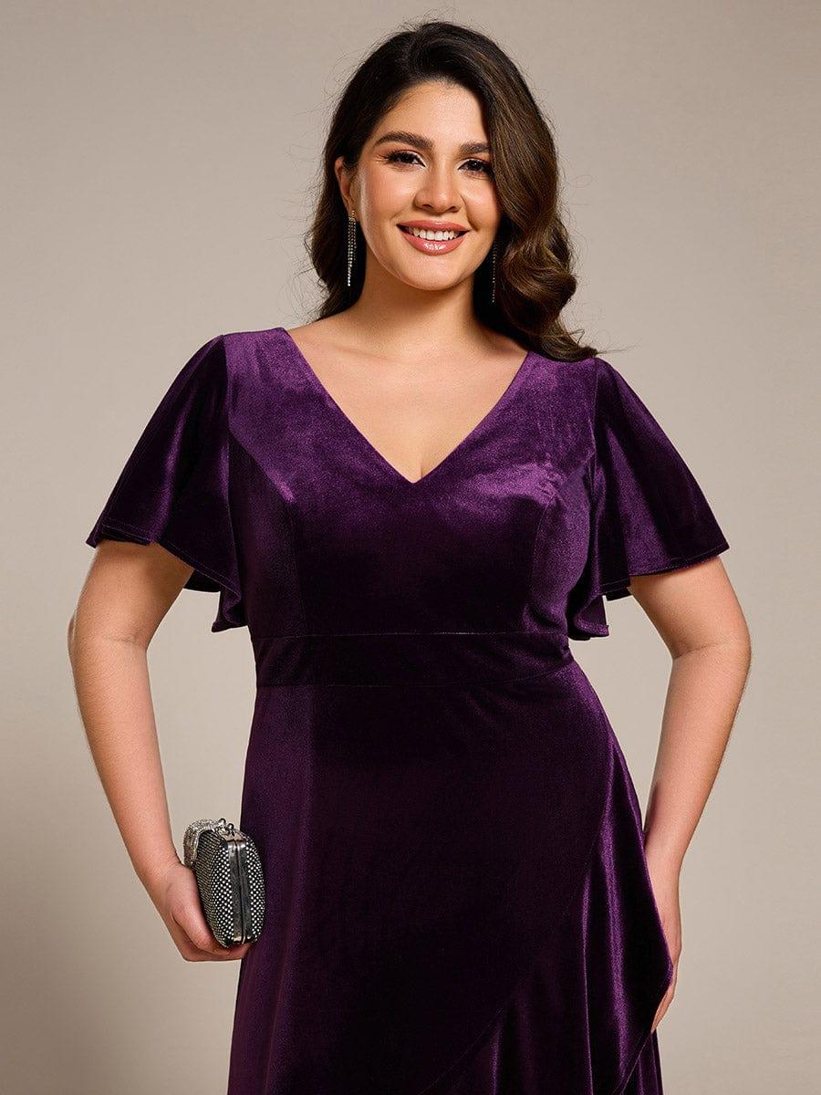 Elegant Double V-Neck Short Sleeves Velvet Bridesmaid Dress #color_Dark Purple