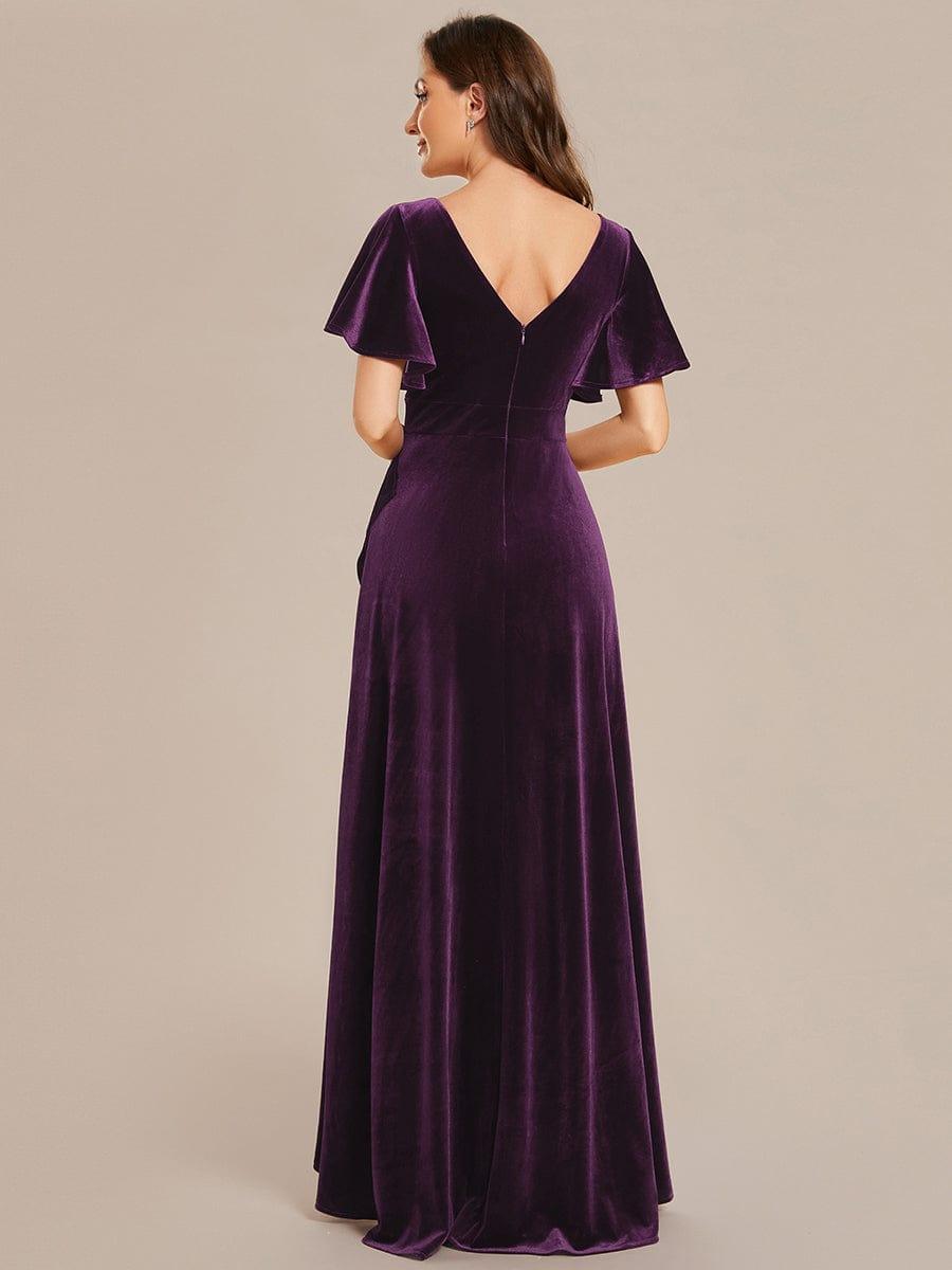 Elegant Double V-Neck Short Sleeves Velvet Bridesmaid Dress #color_Dark Purple