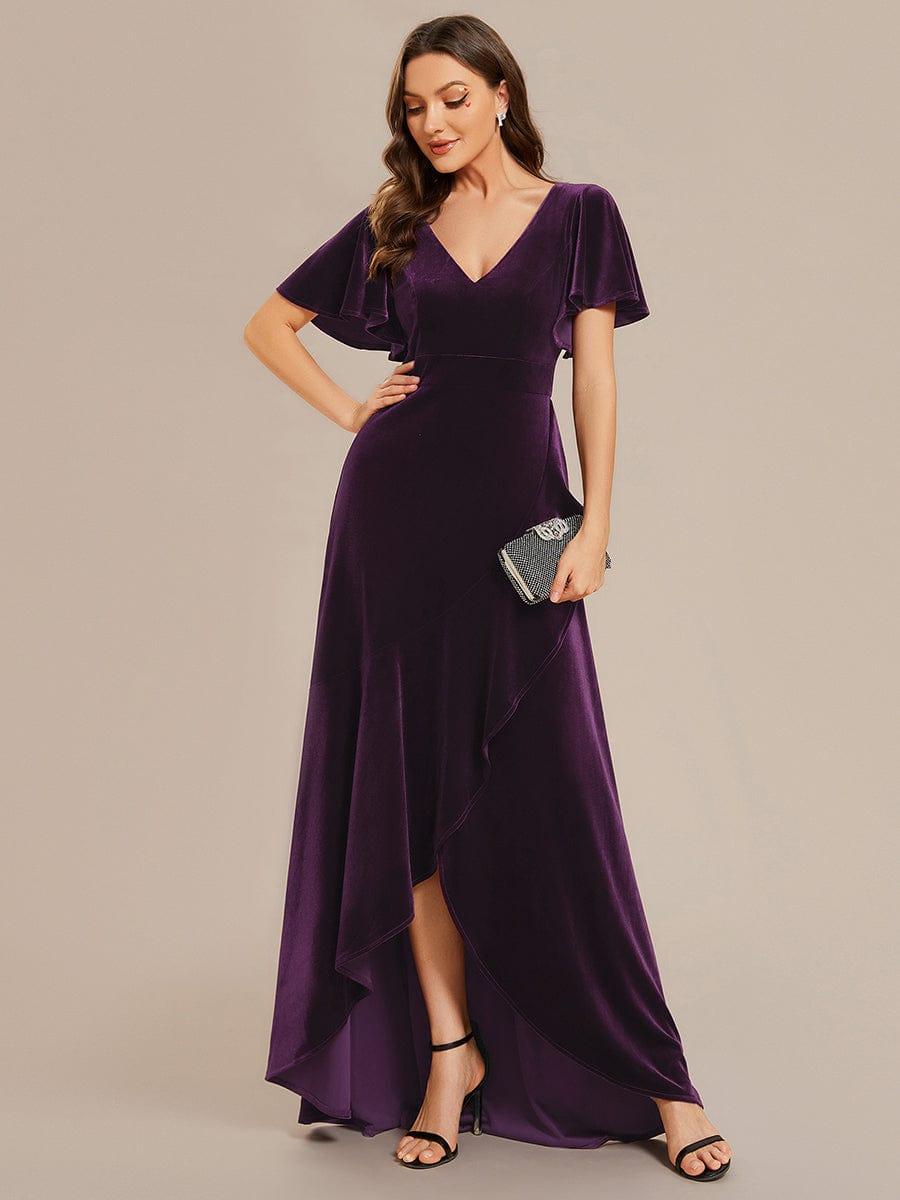 Elegant Double V-Neck Short Sleeves Velvet Bridesmaid Dress #color_Dark Purple