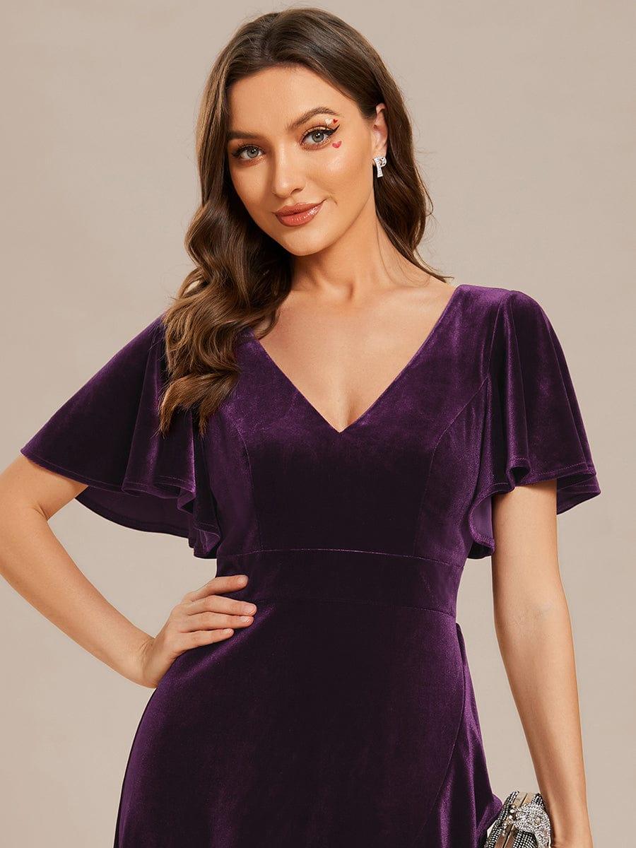 Elegant Double V-Neck Short Sleeves Velvet Bridesmaid Dress #color_Dark Purple
