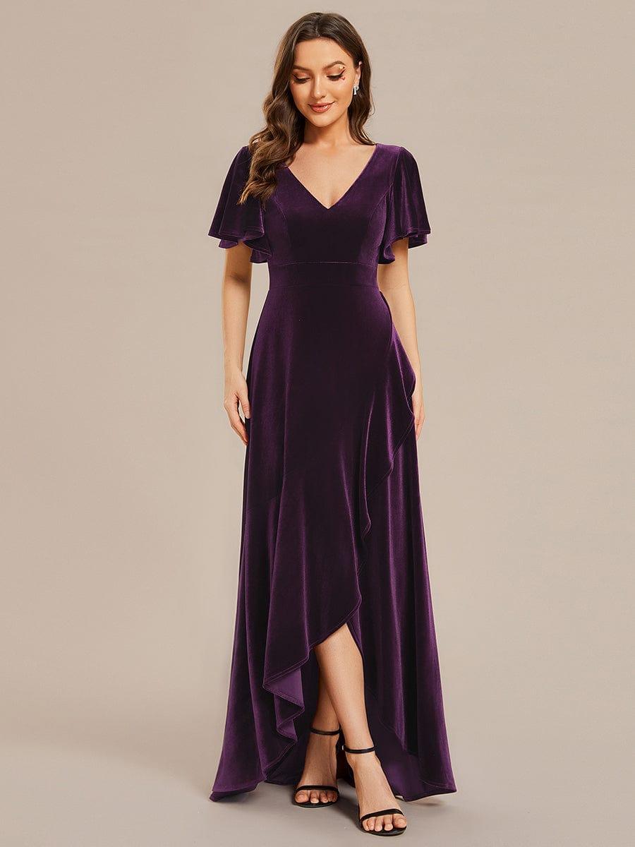 Elegant Double V-Neck Short Sleeves Velvet Bridesmaid Dress #color_Dark Purple