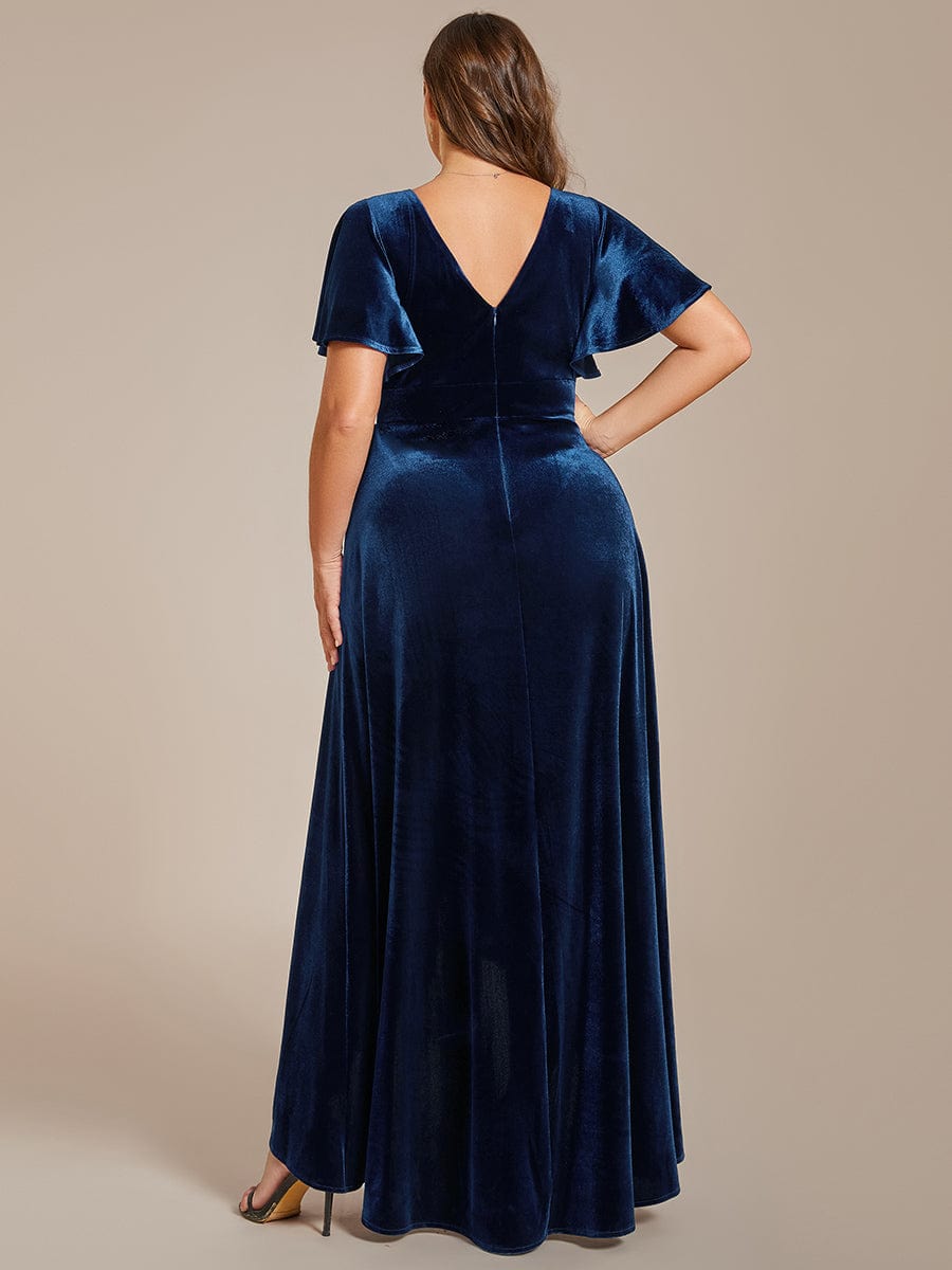 Elegant Double V-Neck Short Sleeves Velvet Evening Dress #color_Navy Blue