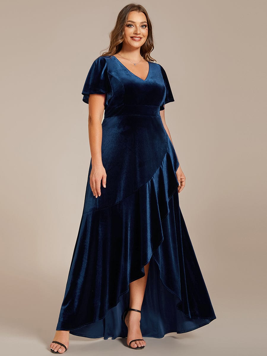 Elegant Double V-Neck Short Sleeves Velvet Evening Dress #color_Navy Blue