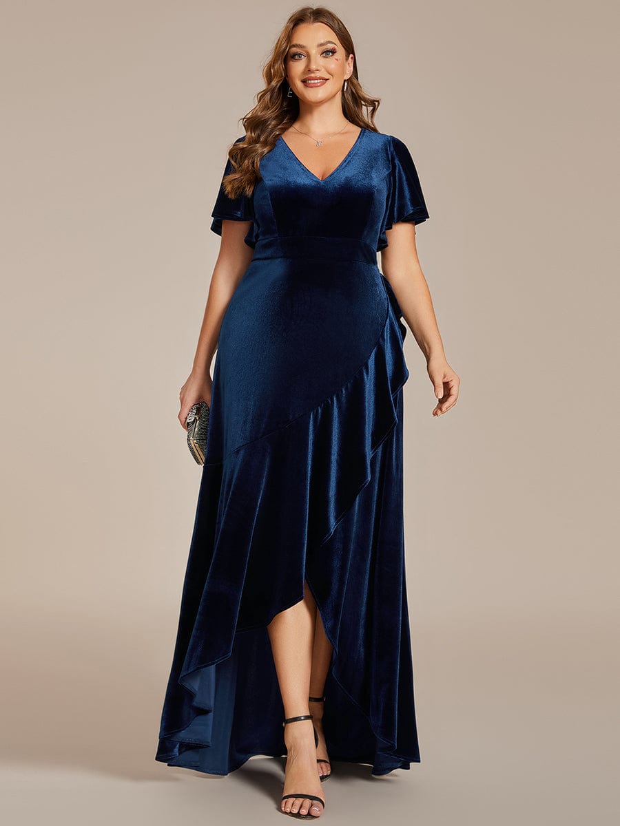 Elegant Double V-Neck Short Sleeves Velvet Evening Dress #color_Navy Blue