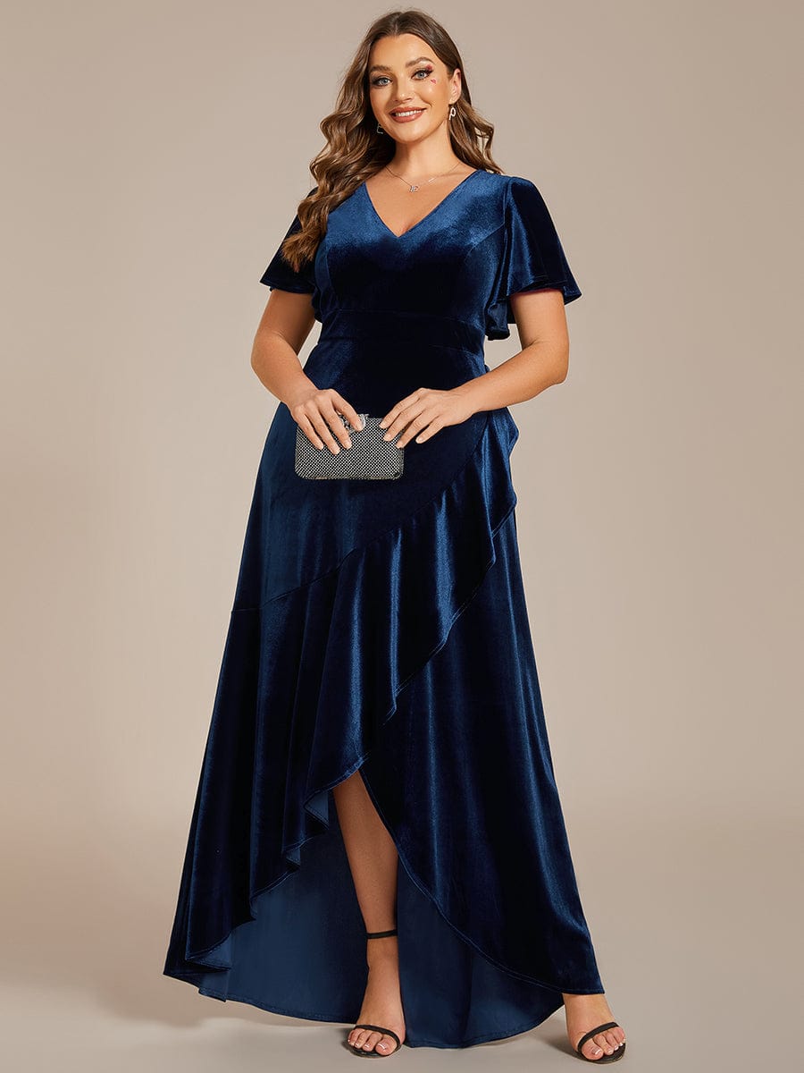 Elegant Double V-Neck Short Sleeves Velvet Evening Dress #color_Navy Blue