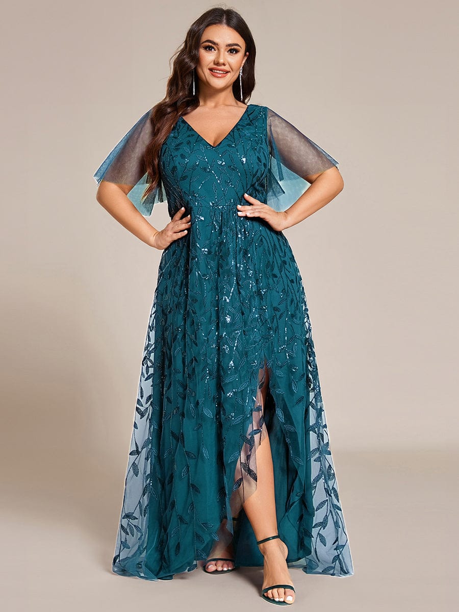 V-Neck Sequined Evening Dresses with High Slit #color_Teal