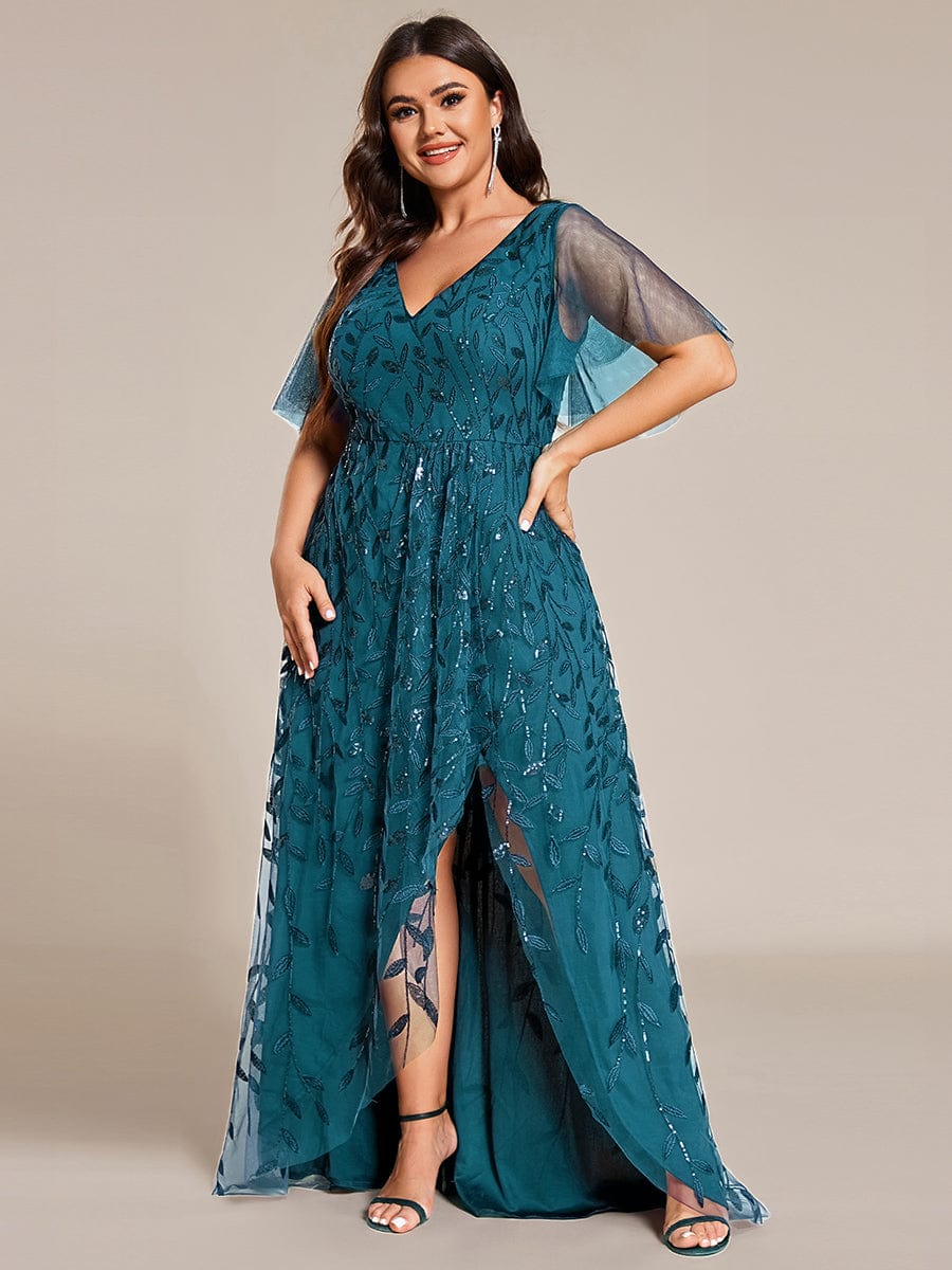V-Neck Sequined Evening Dresses with High Slit #color_Teal