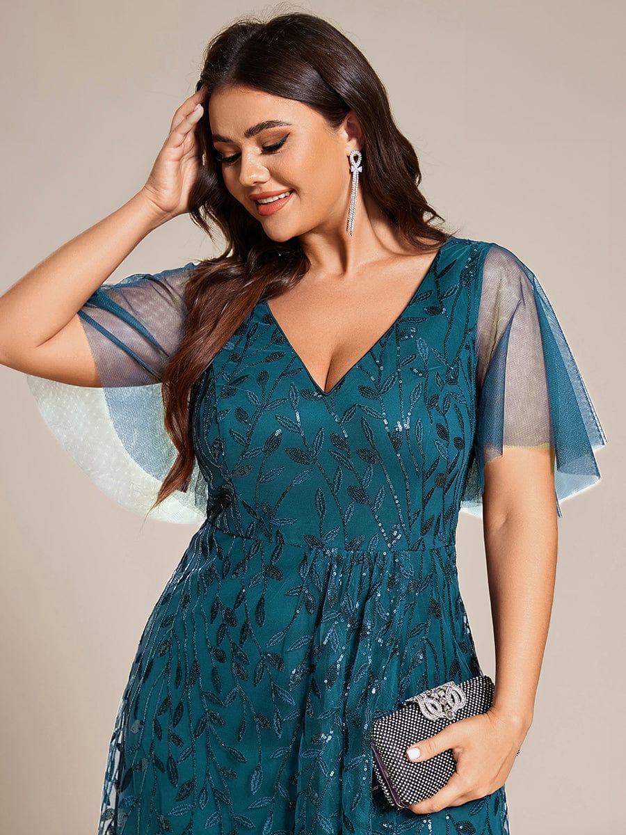 V-Neck Sequined Evening Dresses with High Slit #color_Teal